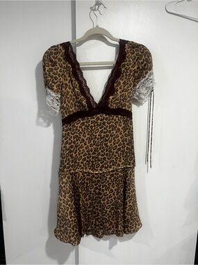 Free People Leopard Print Mini Dress with Lace Trim - Brown, Black, White